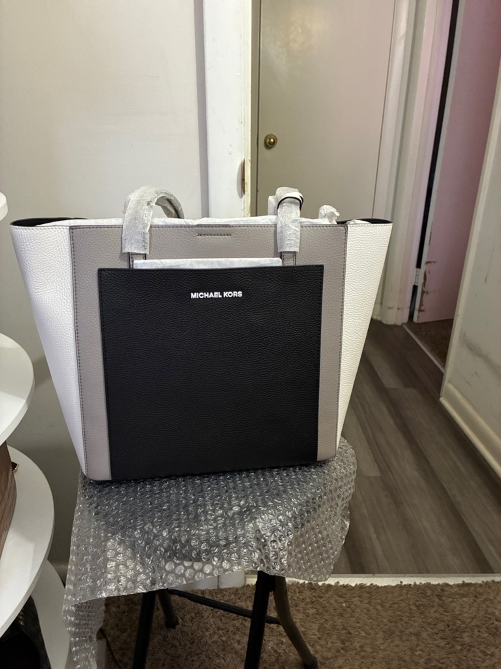 Michael Kors Black, Light Gray and White Colorblock Leather Tote